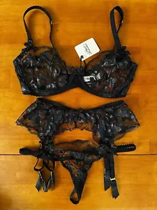 Agent Provocateur Black Sparkle Floral Lace Set 36D Garter & Thong 3 Small - Picture 1 of 12