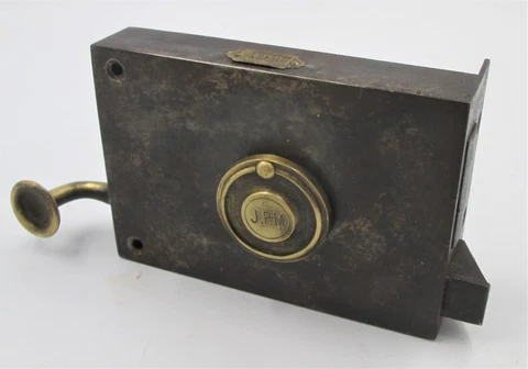 Antique French 14 x 10 cm IRON DOOR RIM LOCK with BRASS LATCH PULL HANDLE No Key Cover