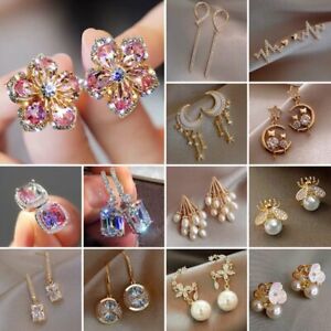 Sliver Plated Crystal Zircon Pearl Earrings Dangle Women Wedding Stud Jewelry