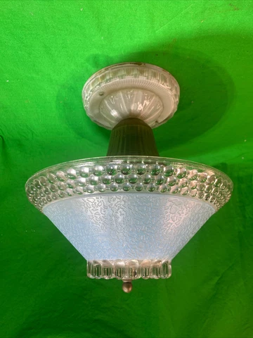 Art Deco Vintage Ceiling Light Fixture With Blue Glass Shade Cover