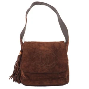 CHANEL Shoulder Bag Suede Dark Brown Magnetic Closure Coco Mark Fringe Ladies - Picture 1 of 10