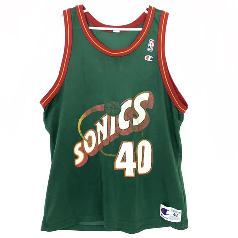 Vintage Shawn Kemp #40 Champion Seattle Super Sonics NBA Basketball Jersey Sz 48 Cover