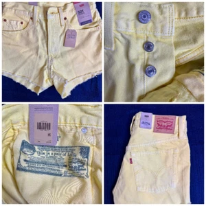 Levis 501 Jeansshorts Damen 26 gelb Knopfleiste roher Saum hoher Bund abgeschnitten neu mit Etikett - Bild 1 von 8