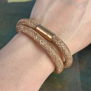 SWAROVSKI Rose Gold Tone Stardust Mesh Crystal Double Wrap Bracelet Signed - Picture 1 of 12