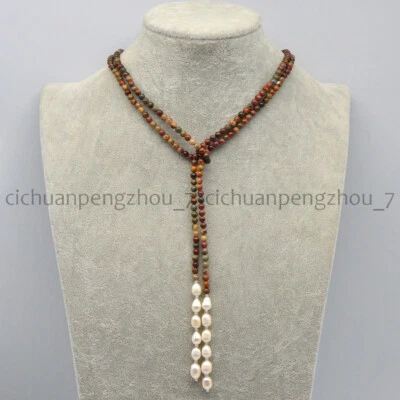 Ожерелье с длинным 50-дюймовым 4-мм многоцветным яшмой Пикассо и белым пресноводным жемчугом 7-8 мм - Изображение 1 из 3