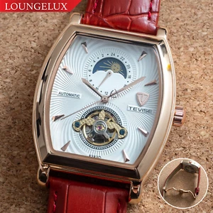 Mens Rose Gold Moon Phase Automatic Mechanical Watch Red Leather 24HR Dial - Picture 1 of 12