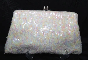 Ed B Robinson Vintage Abendhandtasche weiß Pailletten Made in France - Bild 1 von 12