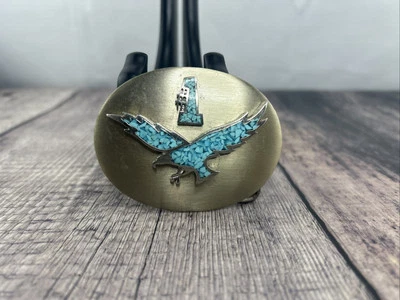 Vintage Nickel Silver Turquois Eagle Oval Belt Buckle - Image 1 of 4