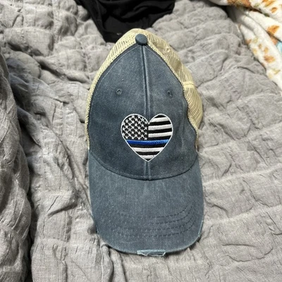 Blue Line Flag Heart Hat. Piper Lou Edition. Adams Headwear Distressed Look - Image 1 of 3