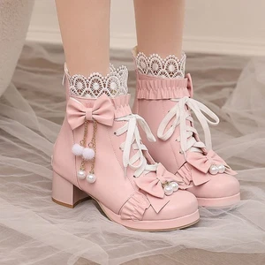 Botas al tobillo para mujer con moño de perlas tacón medio bloque con cordones estilo lolita dulce cremallera - Imagen 1 de 27