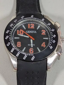 Geneva Black Dial Rotating Bezel Round Case Black Silicone Band Watch - Picture 1 of 7