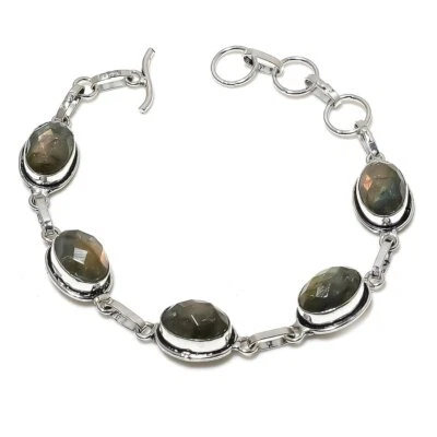 Bracciale etnico fatto a mano in argento 925 con pietre preziose labradorite ... - Immagine 1 di 3