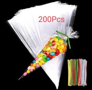 200 bolsas de cono de celofán transparente lazos torcidos grandes fiesta dulce violonchelo caramelo 13x25 cm - Imagen 1 de 8