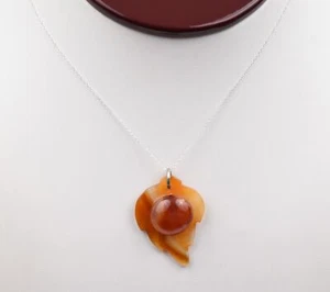 Sterling Silver 18" Chain w/ Carnelian Leaf & Half-Dome Carnelian Pendant - Picture 1 of 13