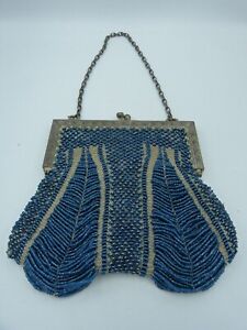 Antique Micro Beaded Blue Purse Bag Silver Frame