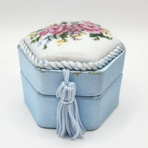 Avon Porcelain Floral Six Sided Top Tassel Box Bottom Satin Blue Giftbox - Picture 1 of 11