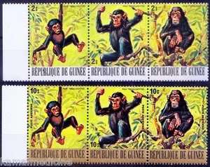 Gemeiner Schimpanse, Affen, Guinea 1977 postfrisch Streifen 3v x2, silber & goldfarben - Bild 1 von 1