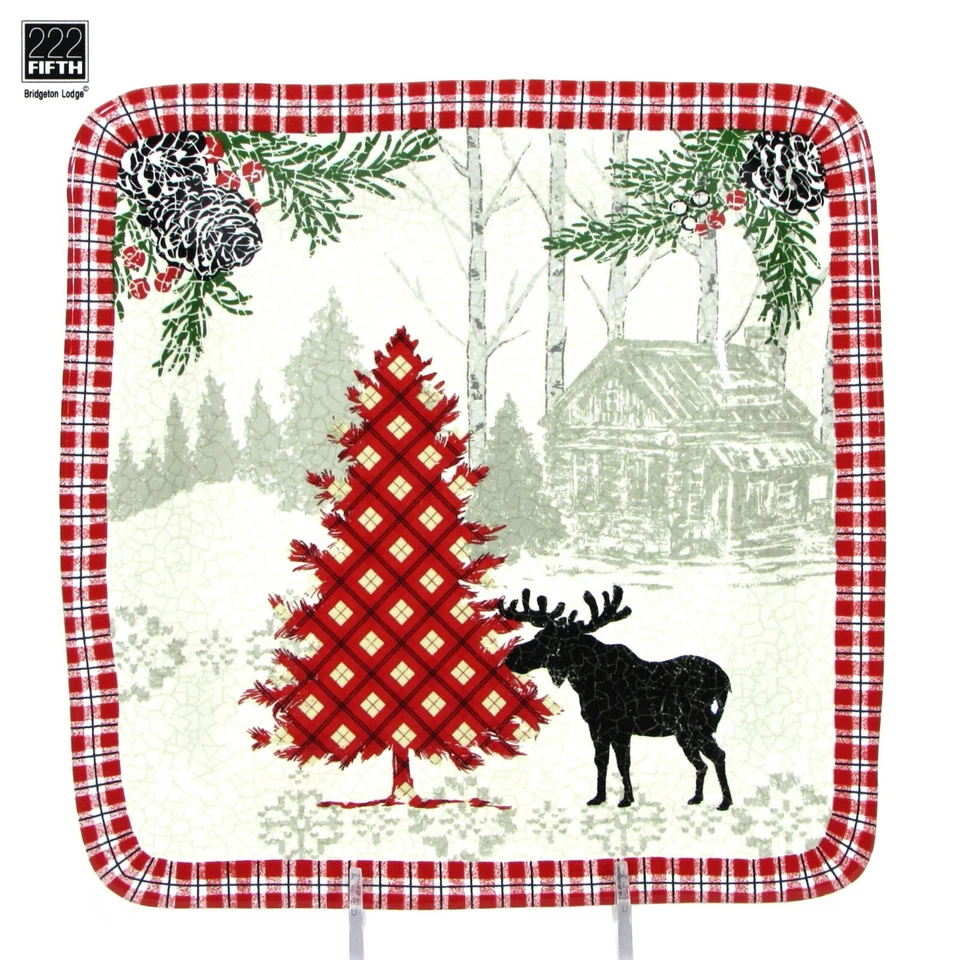222 Fifth BRIDGETON LODGE 8" Salad Plate Square White Red Moose Christmas Mint - Image 1 of 4