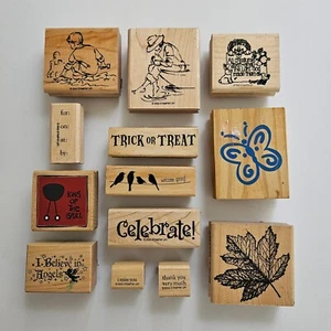 Rubber Stamps Assortment Set of 13 Wood Mount New & Used - Picture 1 of 24