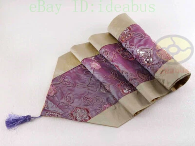 purple 13"x78" Home Decor Sequins Embroidery Pattern Style Satin Table Runner - Image 1 of 4