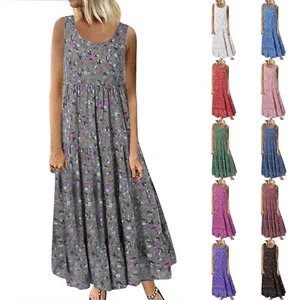 Womens Holiday Sleeveless Printed Sun Dress Ladies Summer Beach Dress Plus - Picture 1 of 57