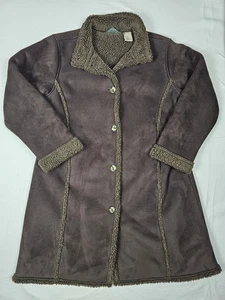 LLBean Damen Mantel M Petite Brown/ gebraucht Knopfleiste/ Wildlederimitat/Lammfell - Bild 1 von 7