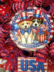 Fourth Of July Wreath Deco Mesh America Patriotic 25 Inches Puppies Handmade - Picture 1 of 9