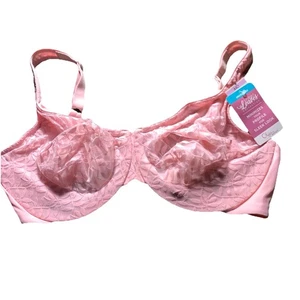 Olga Pink Lace Sheer Leaves Floral Underwire Minimizer Bra Size 44D - Picture 1 of 8
