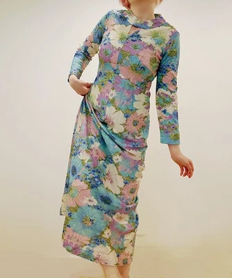 60s VTG Sparkle Psychedelic Purple Green White Floral Dress Md Maxi Mermaid - Image 1 of 4