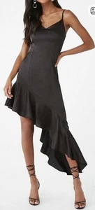 Asymmetrical Spaghetti Strap Dress Size L Black Satin V Neck Ruffle Prom Dance - Picture 1 of 13