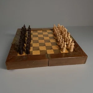 Vintage Asian Hand-Carved Wood Chess Set w Dragon & Brass Details Folds to Case - Picture 1 of 11