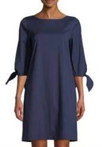 Lafayette 148 NY Kenna Finesse Crepe Dress Navy Blue Tie Sleeve Large l US 10 12 - Picture 1 of 9