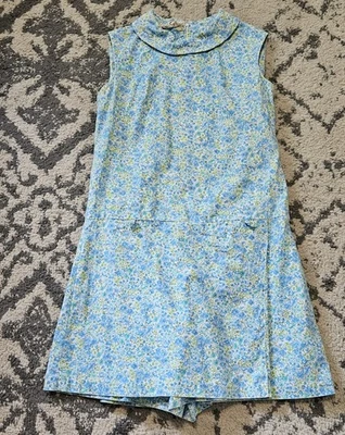 复古 20 世纪 60 年代蓝色和绿色花卉 Pawtucket 运动装连身裤裙裤 S 码 — 第 1/4 张图片