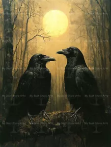 CROW MOON ART PRINT, Bird Animal Decor, Raven Poster, Cottagecore Gothic F831 - Picture 1 of 2