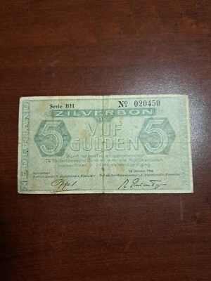 NETHERLANDS, 5  GULDEN, ZILVERBON, P#63, 1944 - Image 1 of 3