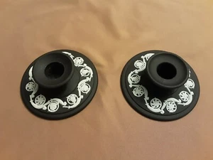 PAIR OF BLACK WEGDWOOD JASPERWARE CANDLESTICKS - Picture 1 of 4