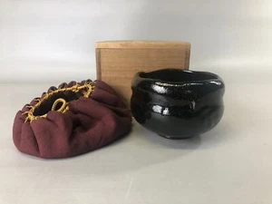 Y7413 CHAWAN Raku-ware black bowl signed box Japan antique tea ceremony pottery - Picture 1 of 17