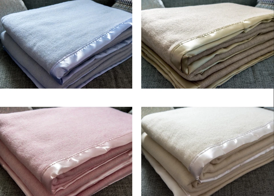 100% Wool Solid Traditional Blanket  Luxury Satin Ribbon Trim in 4 colours  - Image 1 of 1