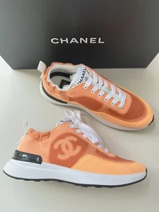Chanel Denim Suede Calfskin Neon Orange CC Logo Trainers Sneakers 36.5 NEW - Picture 1 of 9