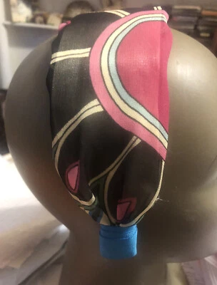 Vintage Black/Pink/Green/Blue Print Italian Silk Chiffon WIDE Headband - Image 1 of 4