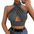 Women Strappy Cross Over Front Cut Out Halter Neck Sleeveless Backless Crop Tops