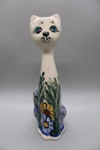 Signd Hand Painted Polish Cat Figurine - Ceramic w Florals Around Base - 8.25" T - Picture 1 of 12