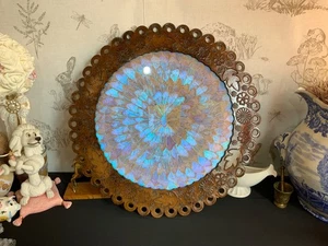 Magnificent Morpho Butterfly decorative Tray/Wall Hanging with Leather 19.5" Dia - Picture 1 of 20