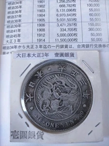 Japanese Old Medals 1 Yen Silver Ryudai Nippon Taisho 3Rd Year 1St 26.3 Grams In - Picture 1 of 6