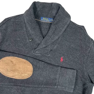 Polo Ralph Lauren Sweater Mens Medium Gray Elbow Patch Shawl Collar Cotton - Picture 1 of 9