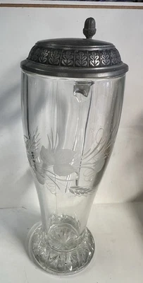 Boccale bicchiere da birra cristallo Inciso coperchio in peltro - Immagine 1 di 4