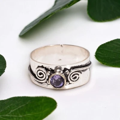 Alianza de plata 925 de iolita natural hecha a mano mejor amigo regalo anillo de boda EE. UU. 9,5 Foto 1 de 4