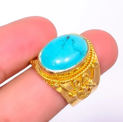 Turquesa Natural - Anillo Tibetano Antiguo Chapado en Oro Amarillo 18k s.8.5 R3-401 Foto 1 de 4