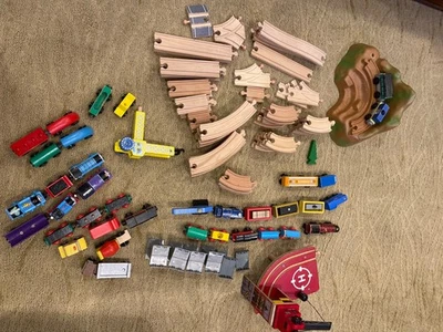 104 Pc Wooden Train Lot: Tracks Cars Mixed Brands Set VTG Brio - Image 1 of 4