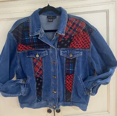 Denim Jacket Carole Little  Womens Medium Plaid Paisley 80s 90s Vintage - Image 1 of 4